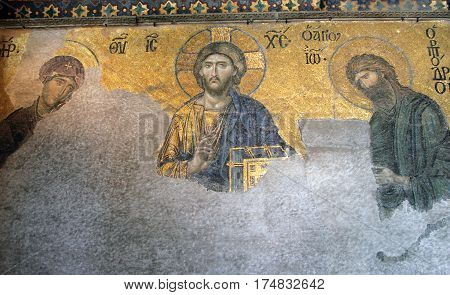 Istanbul, Turkey- Jun 29, 2008: Ancient Deesis Mosaic Of Jesus Christ (known As Christ Pantocrator)