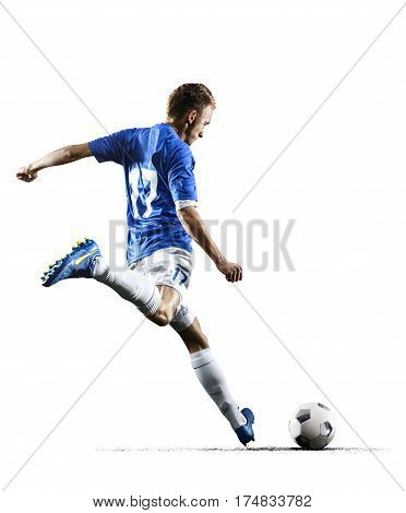 Professional football soccer player in action isolated on white background