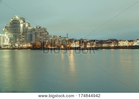 View of the Trinity Suburb and the Svisloch River in the evening.