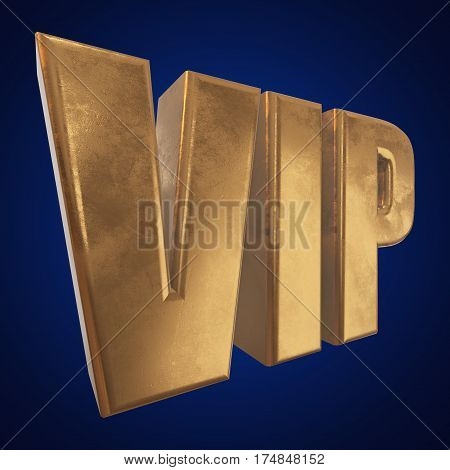 Golden letters VIP. 3d render on blue background. Very mportant person word