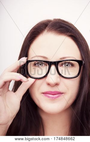 Beautiful Young Woman Wearing Glasses Close-up Isolated On White Background.
