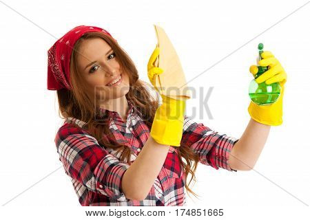 Happy Young Woman Cleaning Windows Isolated Over White Vackground