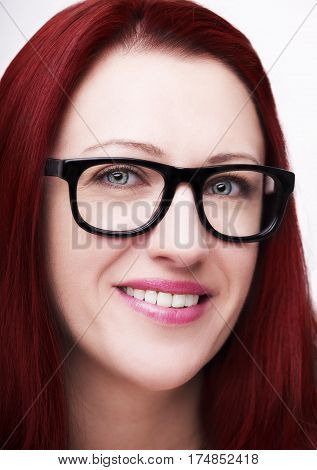 Beautiful Young Woman Wearing Glasses Close-up Isolated On White Background.