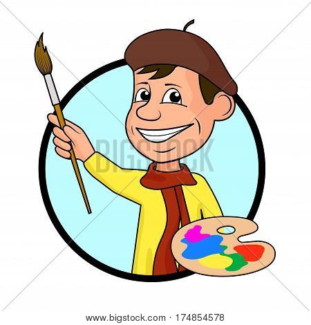 On the image presented Сheerful artist with a brush and paints a vector illustration.