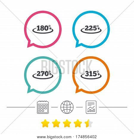 Angle 180-315 degrees icons. Geometry math signs symbols. Full complete rotation arrow. Calendar, internet globe and report linear icons. Star vote ranking. Vector
