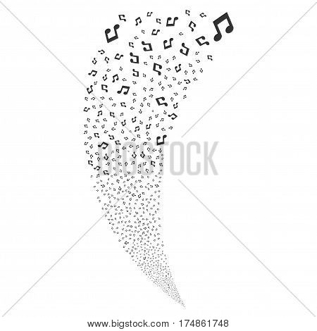 Music Notes random fireworks stream. Vector illustration style is flat gray iconic symbols on a white background. Object fountain combined from scattered icons.