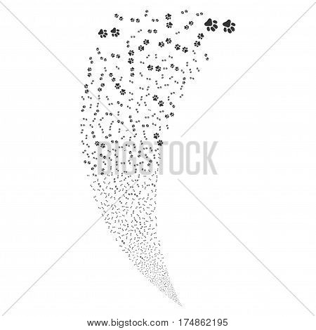 Paw Footprints random fireworks stream. Vector illustration style is flat gray iconic symbols on a white background. Object fountain done from scattered icons.