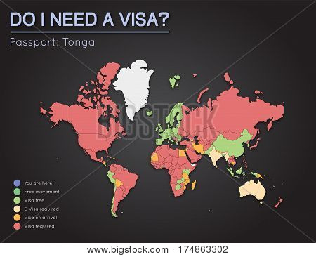 Visas Information For Kingdom Of Tonga Passport Holders. Year 2017. World Map Infographics Showing V