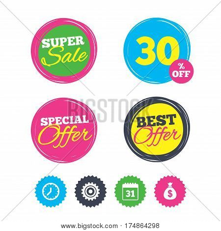 Super sale and best offer stickers. Business icons. Calendar and mechanical clock signs. Dollar money bag and gear symbols. Shopping labels. Vector