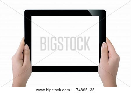 Hand Holding A Tablet Computer With White Screen. Woman Hands Showing Empty Screen Of Modern Digital