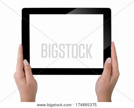 Hand Holding A Tablet Computer With White Screen. Woman Hands Showing Empty Screen Of Modern Digital