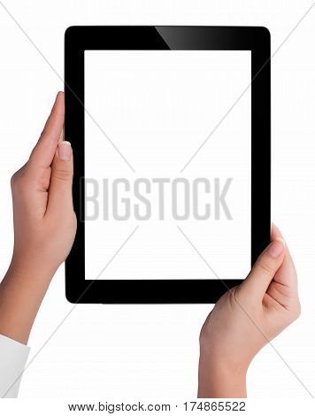 Hand Holding A Tablet Computer With White Screen. Woman Hands Showing Empty Screen Of Modern Digital