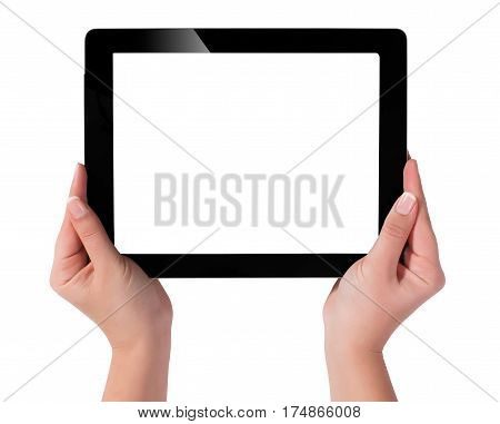 Hand Holding A Tablet Computer With White Screen. Woman Hands Showing Empty Screen Of Modern Digital