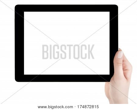 Hand Holding A Tablet Computer With White Screen. Woman Hands Showing Empty Screen Of Modern Digital