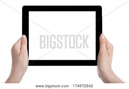 Hand Holding A Tablet Computer With White Screen. Woman Hands Showing Empty Screen Of Modern Digital