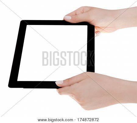 Hand Holding A Tablet Computer With White Screen. Woman Hands Showing Empty Screen Of Modern Digital