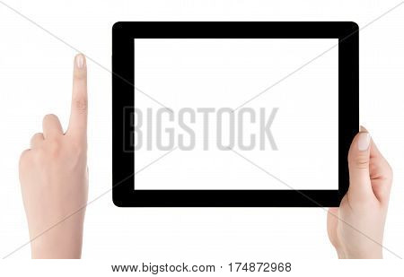 Hand Holding A Tablet Computer With White Screen. Woman Hands Showing Empty Screen Of Modern Digital