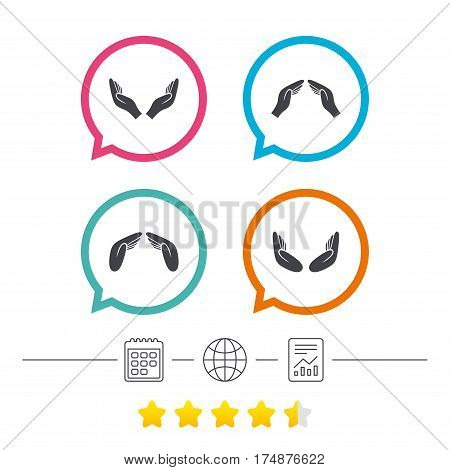 Hands icons. Insurance protection signs. Human helping donation hands. Prayer meditation hands sybmols. Calendar, internet globe and report linear icons. Star vote ranking. Vector