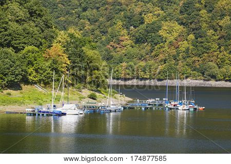 Small Lake Rursee Marina In The Eifel, Germany