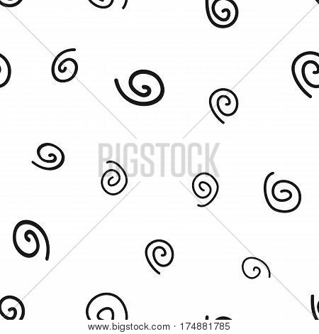 Distorted spirals are drawn freehand. Vector doodle illustration. Black white.
