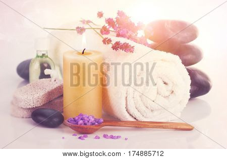 Spa still life with lavender saltl isolated on white background.