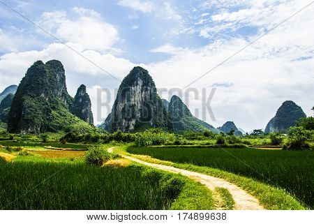 The karst mountains and rural scenery in summmer