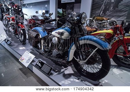Los Angeles CA USA -- March 4 2017: Blue 1939 Harley-Davidson Model El Knucklehead from the collection of David Hansen at the Petersen Automotive Museum in Los Angeles California United States. Editorial only.