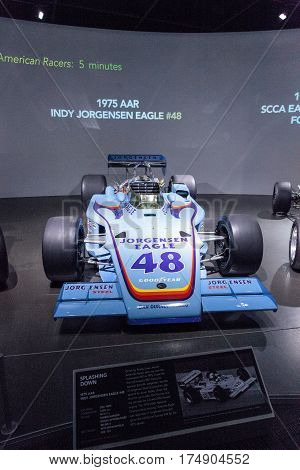 Los Angeles CA USA -- March 4 2017: Blue 1975 AAR Indy Jorgensen Eagle number 48 at the Petersen Automotive Museum in Los Angeles California United States. Editorial only.
