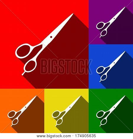Hair cutting scissors sign. Vector. Set of icons with flat shadows at red, orange, yellow, green, blue and violet background.