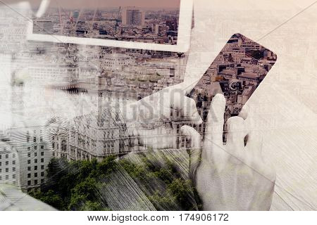 Double Exposure Of Hand Using Smart Phone Payments Online Shoppingomni Channelicon Customer Networki