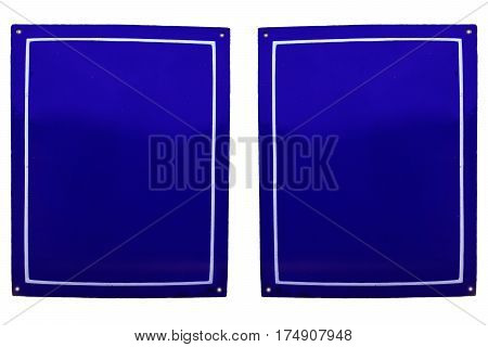 Two old rusty metal plate enamels without lettering on white background.