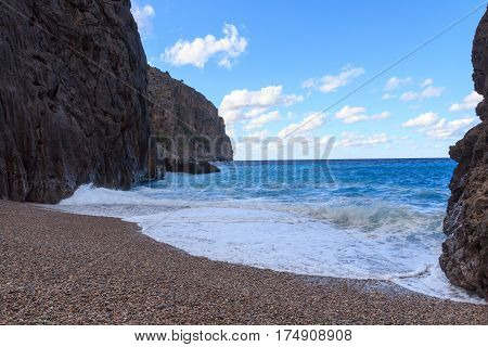 Canyon Torrent De Pareis, Beach And Mediterranean Sea, Majorca, Spain