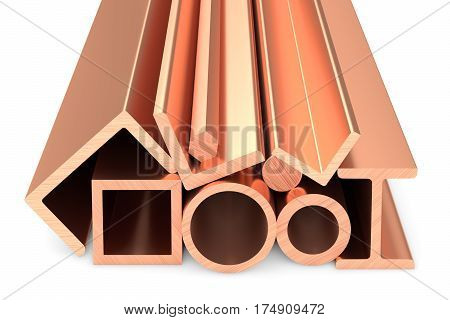 Shiny Rolled Copper Metal Products On White Background