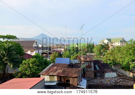 Cityscape With Old House And Building Lao Style At Pakse