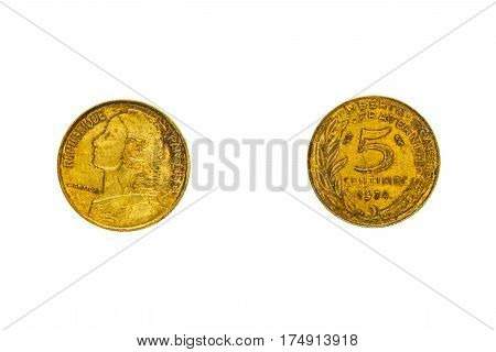 Obverse and reverse of the French coin in five centimes with the portrait of Marianne isolated on white top view flat lay.