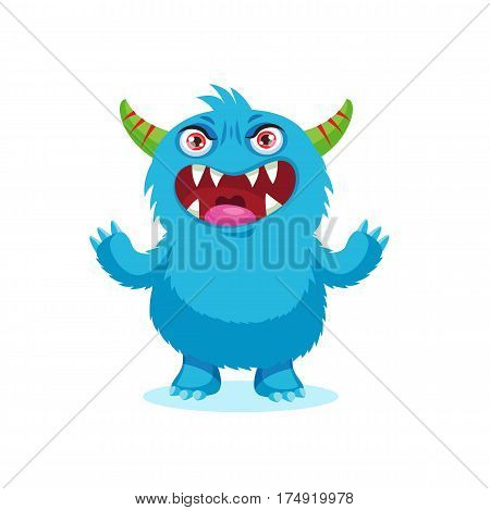 Angry Smile. Emotions Monster. Angry Evil Face. Sinister Blue Monster Cartoon Mascot Character. Vector Illustration Isolated On White Background.