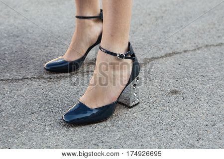 MILAN ITALY - FEBRUARY 25: Detail of shoes outside Antonio Marras fashion show during Milan Women's Fashion Week on FEBRUARY 25 2017 in Milan.