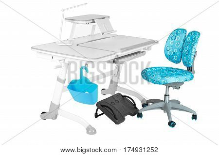 Blue chair gray school table blue basket desk lamp and black support under legs on the white isolated background.