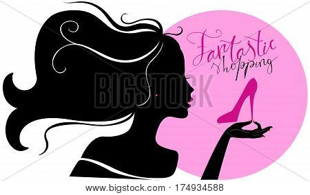 Silhouette of young beautiful woman bying new shoes, illustration for sale banner, flyer or signboard