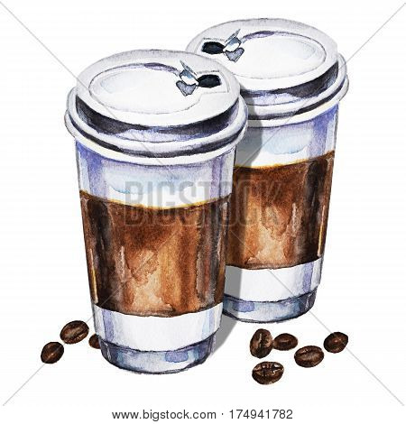 Watercolor illustration with two disposables cups of coffee and coffee beans. Hand painted illustration