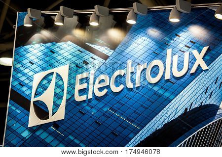 Moscow, Russia - February, 2016: AB Electrolux company logo on the wall. Electrolux is a Swedish multinational home appliance manufacturer