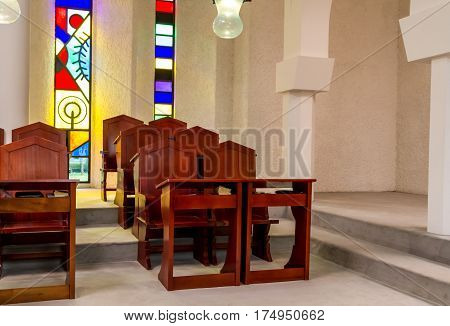 GALILEE ISRAEL - DECEMBER 3: The Sanctuary of the Word room for the study of the Scriptures in Domus Galilaeae on the Mount of Beatitudes near the Sea of Galilee Israel on December 3 2016