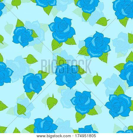 Blue rose with green leaves seamless pattern. Illustration of isolated big blossoms in cartoon style walllpaper, wrapping paper. Fashion decoration endless texture. Floral embellishment. Vector