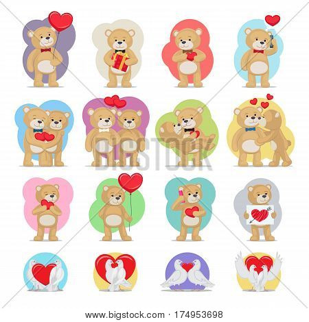 Valentines day set. Bears and doves in love. Teddy bears boy, girl, couples with hearts and lovely pigeons symbols of eternal love. Vector toys kissing, giving presents, speaking on telephone.