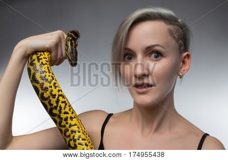 Blond woman holding yellow snake on gray background