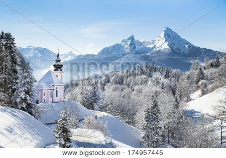 Church Of Maria Gern With Watzmann In Winter, Berchtesgadener Land, Bavaria, Germany