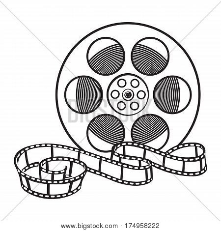 Classical motion picture, cinema film reel, sketch style black and white vector illustration isolated on white background. Hand drawn film reel, cinema object, footage material