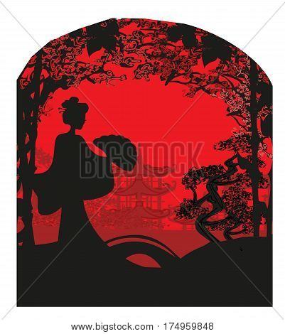 abstract landscape card with Asian girl , vector illustratrion