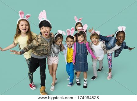Happiness group of cute and adorable children with bunny headband