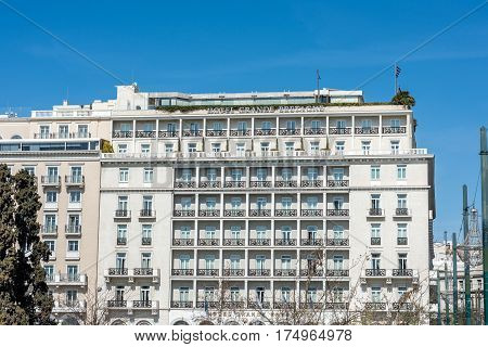 Athens Greece - March 5 2017: The historic Grande Bretagne hotel at Syntagma square in Athens on a sunny morning